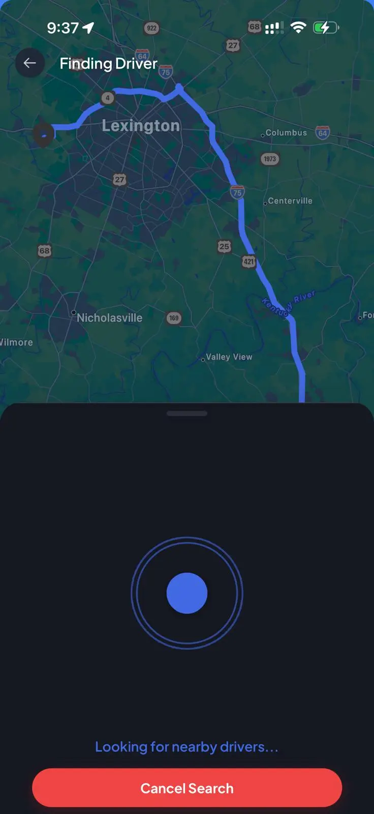 The Berea Rides app finding a driver: a route drawn north from Berea to Lexington on a dark map, above a Cancel Search button.